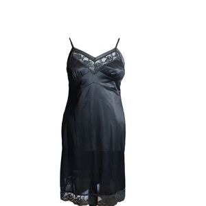 Vintage Sz 38 Black Nylon Satin Lace Trim Slip Dress Capsule Layering Witchycore